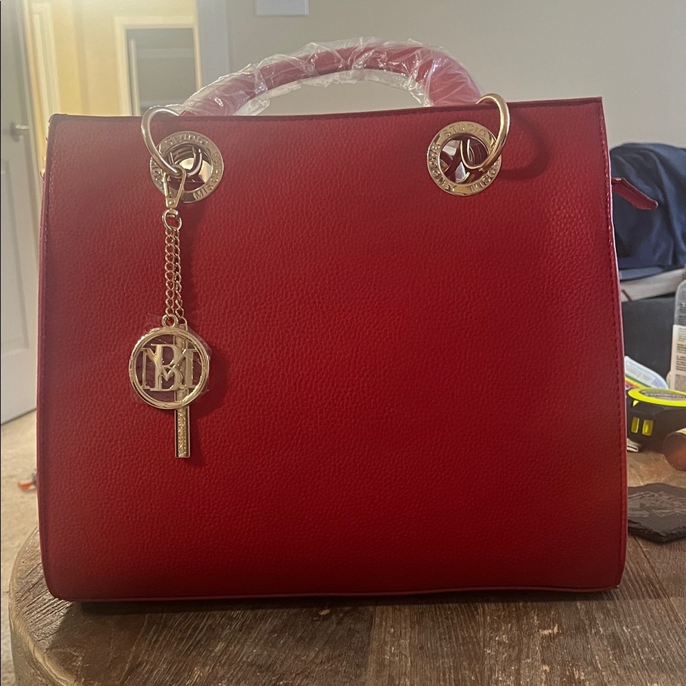 Badgley Mischka Red Structured Satchel with Gold Charm